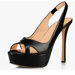 FSJ Black Sexy Thin High Heel Peep Toe Platform Sandals Elegant Slingback Pumps